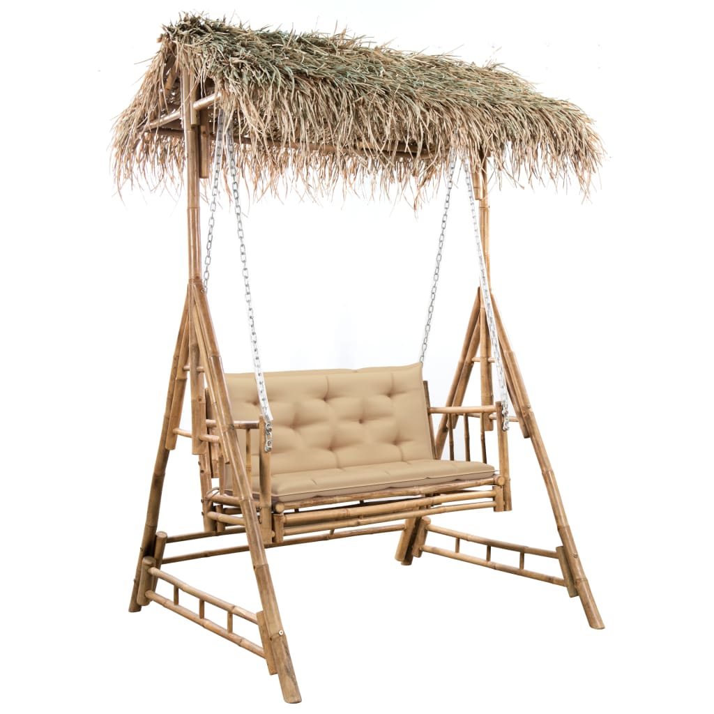 Banco Baloiço 2 Lug. Bambu C/ Folhas Palmeira E Almofadão 202Cm
